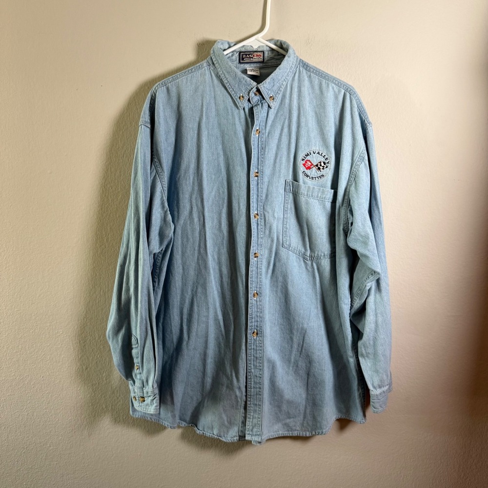 Basicss Mens Simi Valley Corvettes Denim Button Down Shirt Light Wash Large